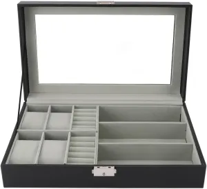 Watch Storage niche tragic genetic replicate Box Waterproof Dustproof 4 Slots 3 Glasses Compartments Ring Layer Organizer Jewelry Display Case for Men Yosoo 