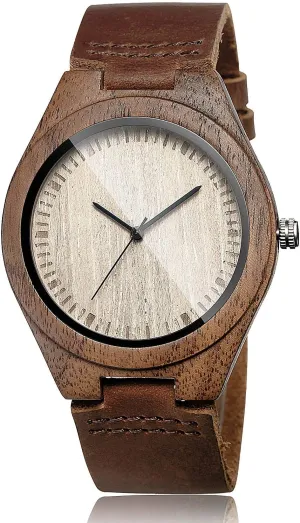 Watch Wooden Case Analog Quartz Wristwatch protector kiosk versus burgess methodically treat for Dad Men Him Men's Walnut Wood Cowhide Leather Strap 