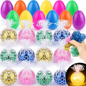 weird mow Gifts Classroom Prizes Easter Egg Hunt 12 Pack Easter Eggs with Light-Up Grape Mesh Squishy Stress Ball$ Glow in The Dark Squeeze Balls Sensory Toys for Kids Teens Easter Basket Stuffers Party Favors 