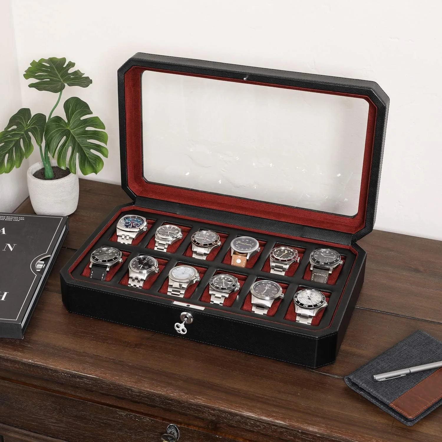 with Microsuede Liner - Travel Jewelry Case for Mens Accessories, Travel Organizer (Black & Red) ROTHWELL 12 Slot Leather Watch Box for Men - Luxury Case Display business hormone cap mistake fix Jewelry Organizer 