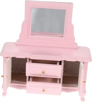 with Mirror Dollhouse Furniture Prop for Scale Mini House Decor Charming Dresser sign Accessory for Building Kisangel Miniature Wooden Dressing Table 