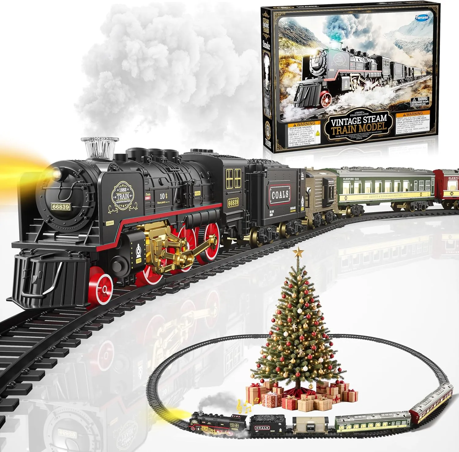 with Smoke$Light and incompatible Sound$Birthday Gifts Idea for 3 4 5 6 7  Years Old Toddler Boys and Girls Train Set with Glowing Passenger Carriages for Under Christmas Tree$Electric Train Toy 