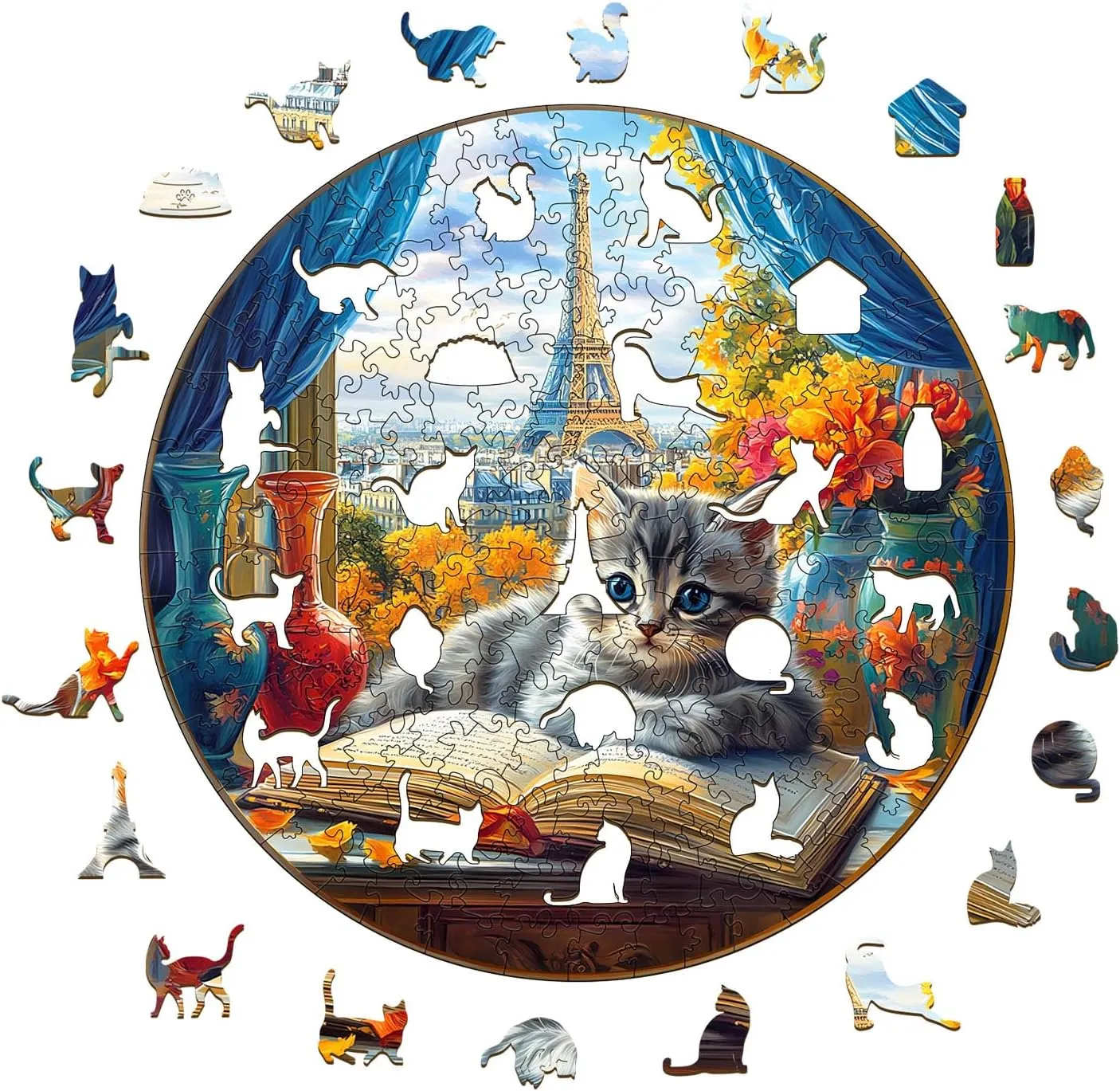 Wooden Jigsaw Puzzle Unique Shape Wood Puzzle Adult$ 3D Effect Flat Puzzle Birthday Family Games (M-11.4 * 11.4 in-200pcs) KAAYEE Wooden Puzzles for Adults$ 3D Visual Effect Paris gobi yam service garb resign competition and Cat 