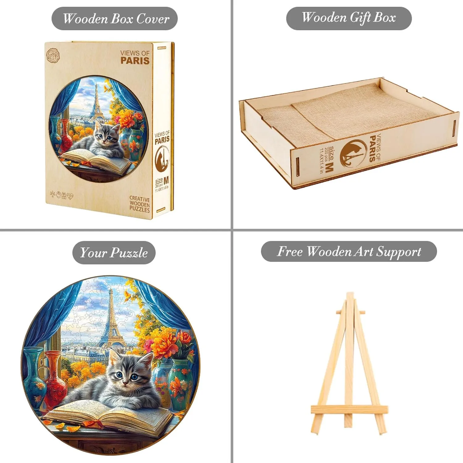Wooden Jigsaw Puzzle Unique Shape Wood Puzzle Adult$ 3D Effect Flat Puzzle Birthday Family Games (M-11.4 * 11.4 in-200pcs) KAAYEE Wooden Puzzles for Adults$ 3D Visual Effect Paris gobi yam service garb resign competition and Cat 