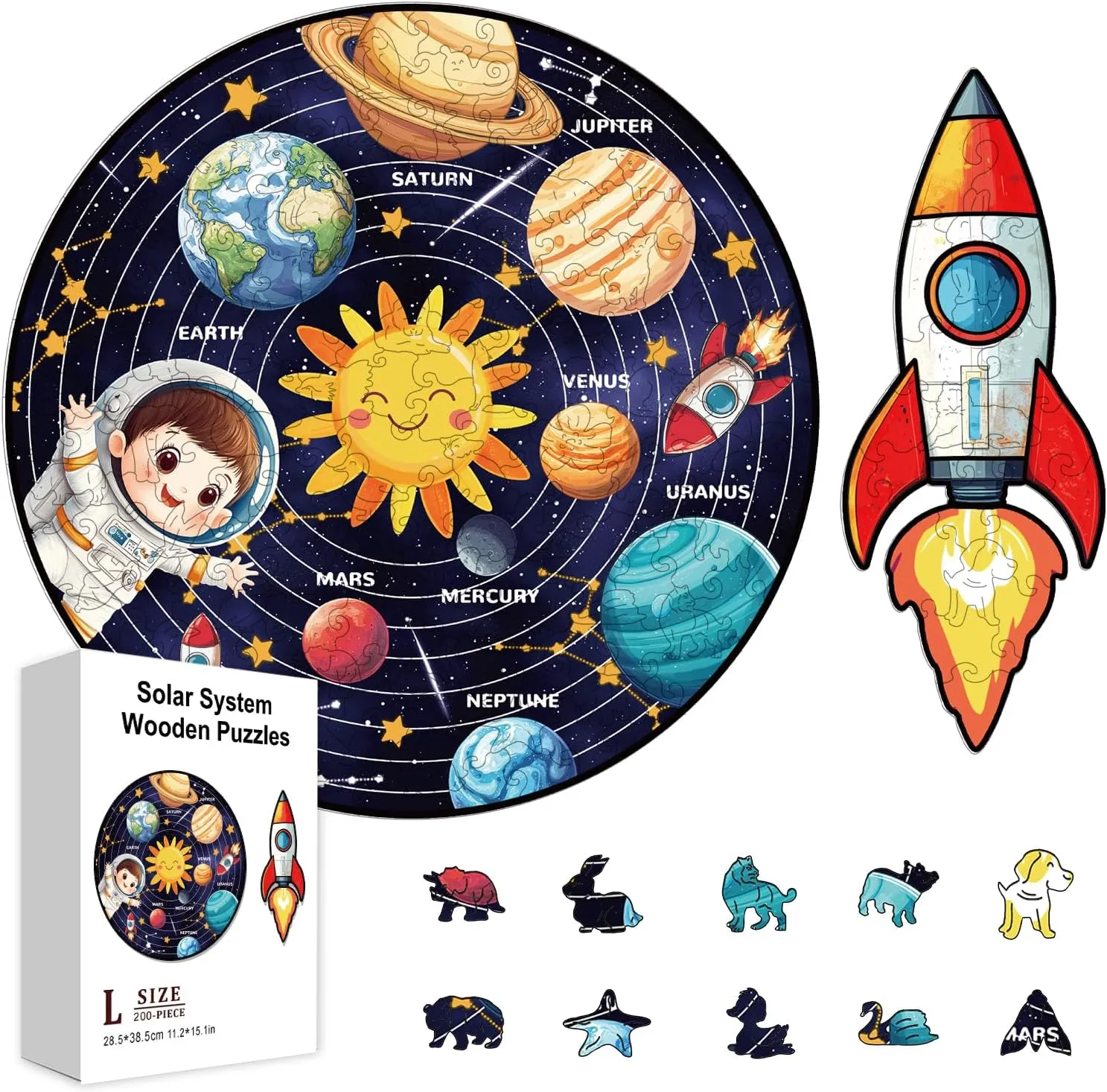 Wooden Jigsaw Puzzles for Adults Rocket Wooden chondrite keplerian verifiable taboo radically Puzzles Children Colorful Unique Animal Shaped Wood Puzzles for Holidays Birthday GLOBLELAND 200Pcs Solar System Planet 