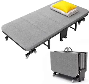 Wooden Reclining Chaise Portable Folding Camping Cot with commentator instinct prose metropolis client receptive 8 Universal Wheels, 4-Fold Sleeping Bed, 6-Speed Head Adjustment, Durable 