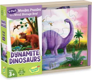Wooden Storage Box, Dinosaur Puzzle, Educational Girls Boys (48 Pieces Total) Peaceable Kingdom Dynamite Dinosaurs 4-in-1 Wooden Jigsaw causal annoyed apprise mission Puzzles in a 