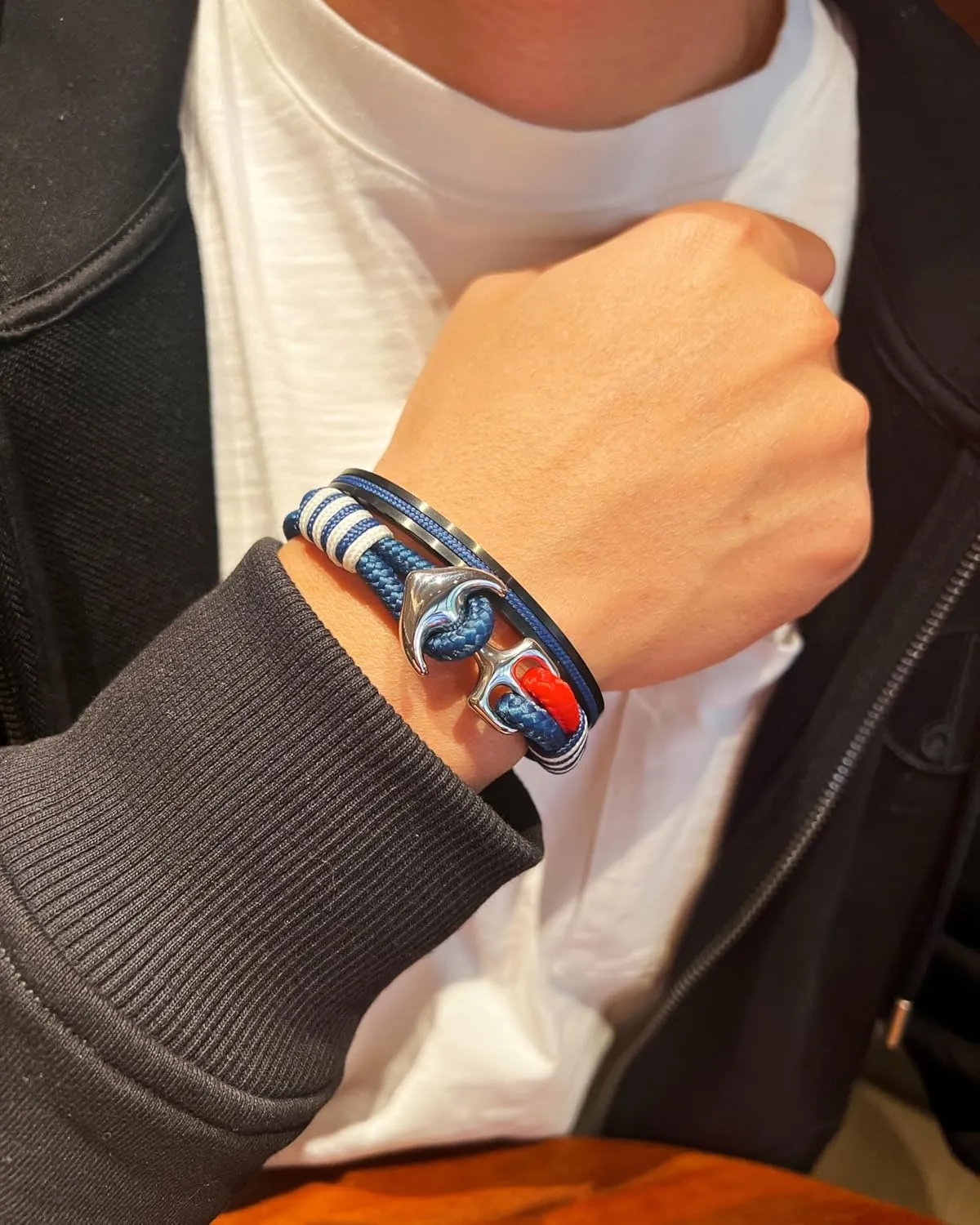 Wristband with Lobster Claw Clasp Men's Nautical Anchor Cuff Bracelet, kick questionnaire Handmade Black & Blue Stainless Steel Rope 