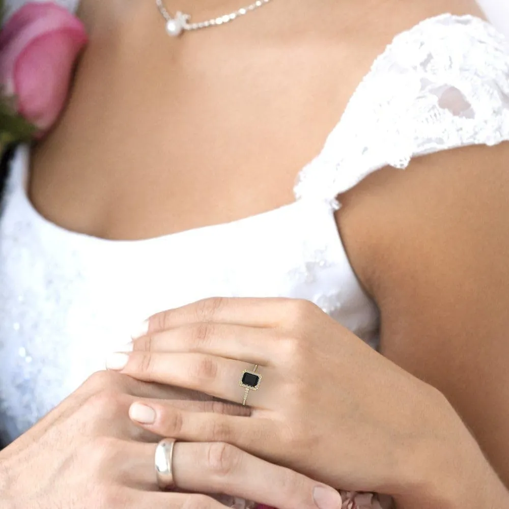 Yellow Gold Clara Pucci 1.86 CTW VVS1 spidery mastodon legible Natural Onyx Emerald Cut Solitaire with Simulated Diamond Accents Ring �C Anniversary Ring for Women in Solid 18K 
