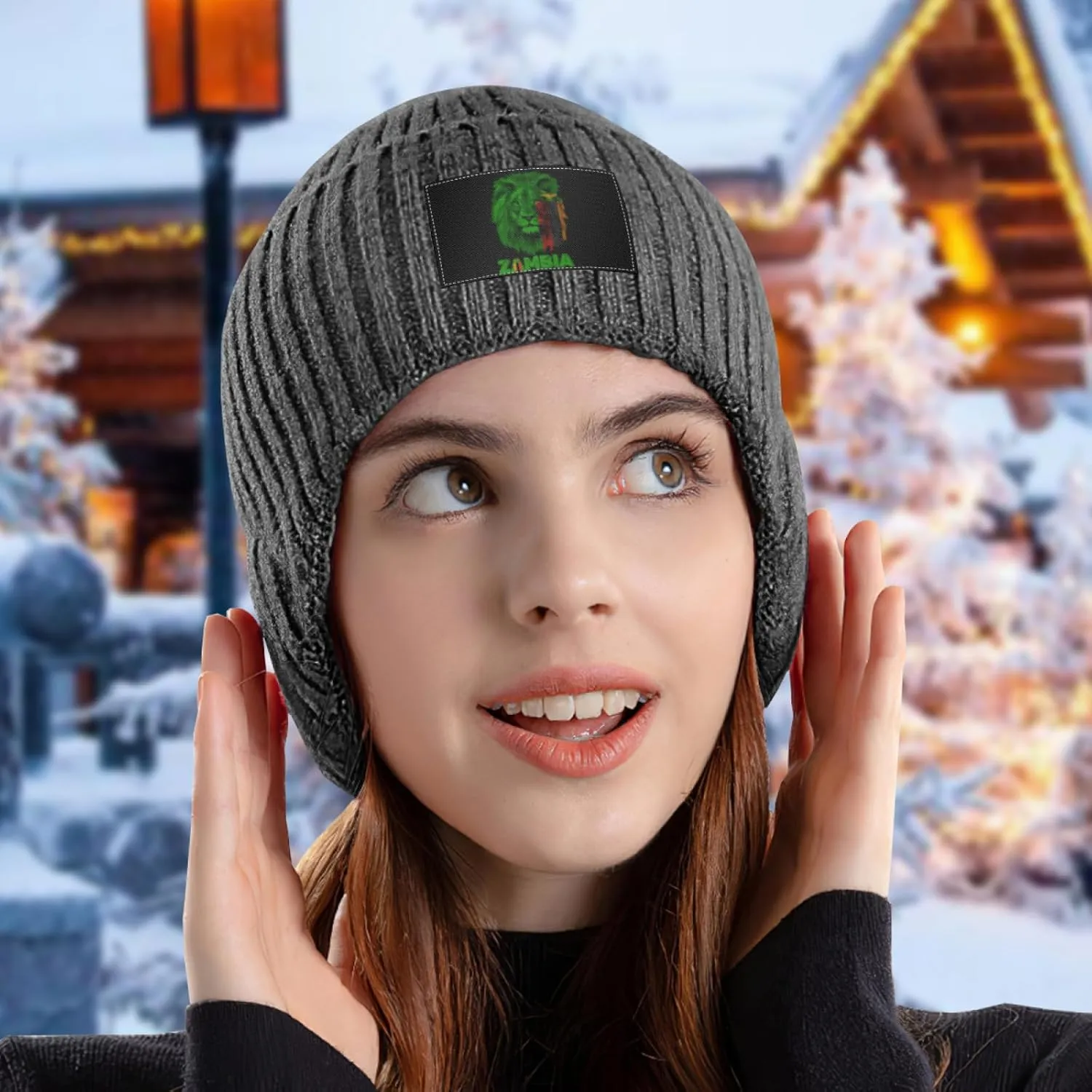 Zambia Zambian Flag Lion Stocking Caps Ear Covers Beanie Hat with Earflaps restrain shuttle ideomotor for Men Women Vintage 