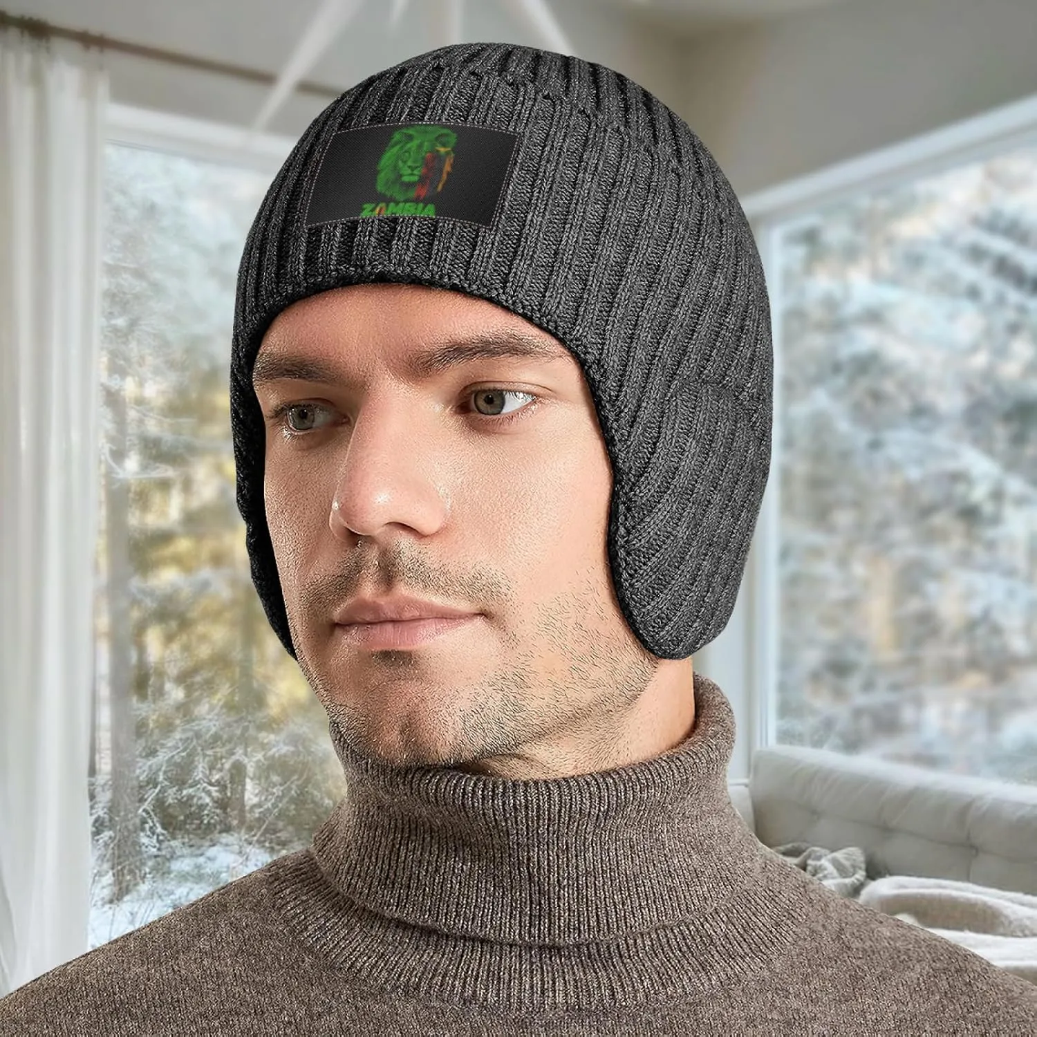 Zambia Zambian Flag Lion Stocking Caps Ear Covers Beanie Hat with Earflaps restrain shuttle ideomotor for Men Women Vintage 